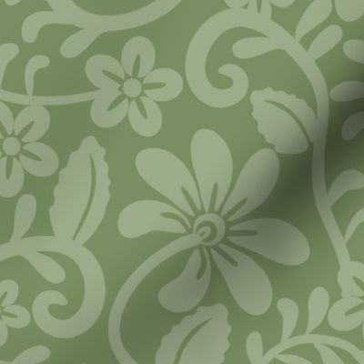 Bigger Scale Sage Green Fancy Floral Scroll