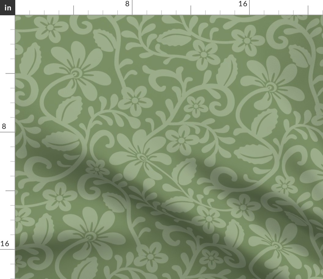 Bigger Scale Sage Green Fancy Floral Scroll