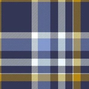 Plaid in navy, mustard and blue