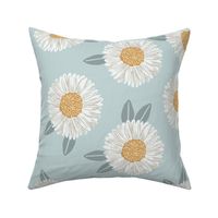 JUMBO painted daisies floral fabric - large daisy design - blue