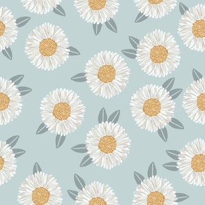 JUMBO painted daisies floral fabric - large daisy design - blue