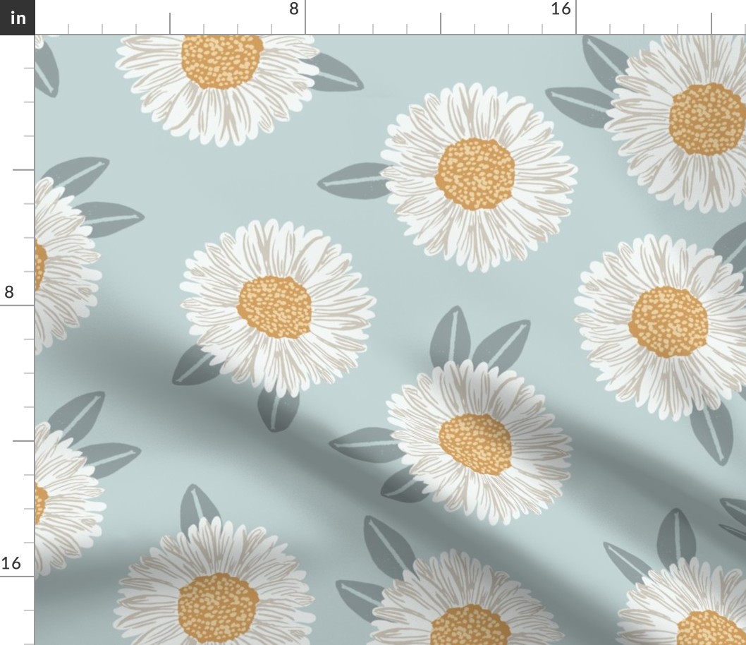 JUMBO painted daisies floral fabric - large daisy design - blue