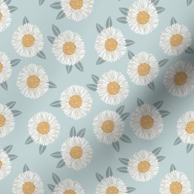 SMALL  painted daisies floral fabric - large daisy design - blue