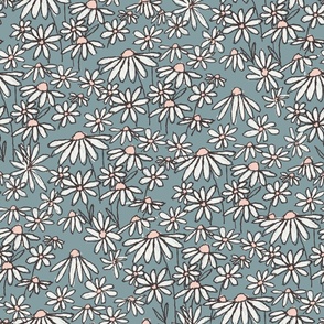 JUMBO chamomile daisy meadow fabric - daisy bedding, wallpaper, blue