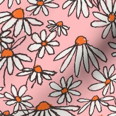 JUMBO chamomile daisy meadow fabric - daisy bedding, wallpaper, pink