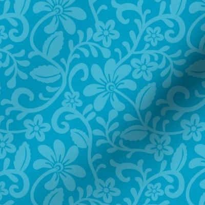 Smaller Scale Caribbean Ocean Blue Fancy Floral Scroll