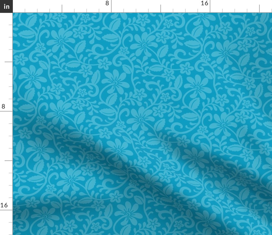 Smaller Scale Caribbean Ocean Blue Fancy Floral Scroll