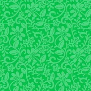 Smaller Scale Grass Green Fancy Floral Scroll