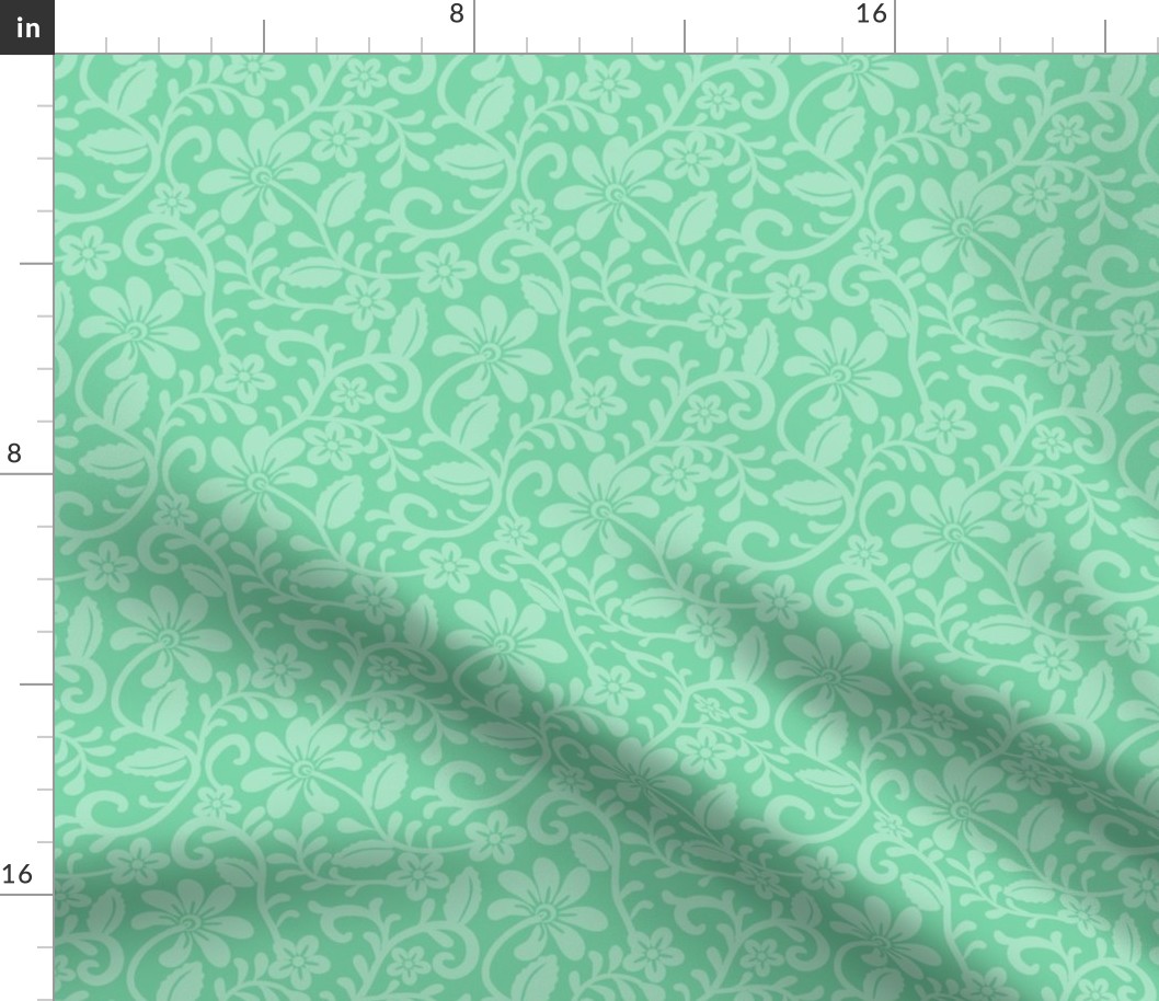 Smaller Scale Jade Green Fancy Floral Scroll
