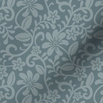 Smaller Scale Slate Blue Grey Fancy Floral Scroll