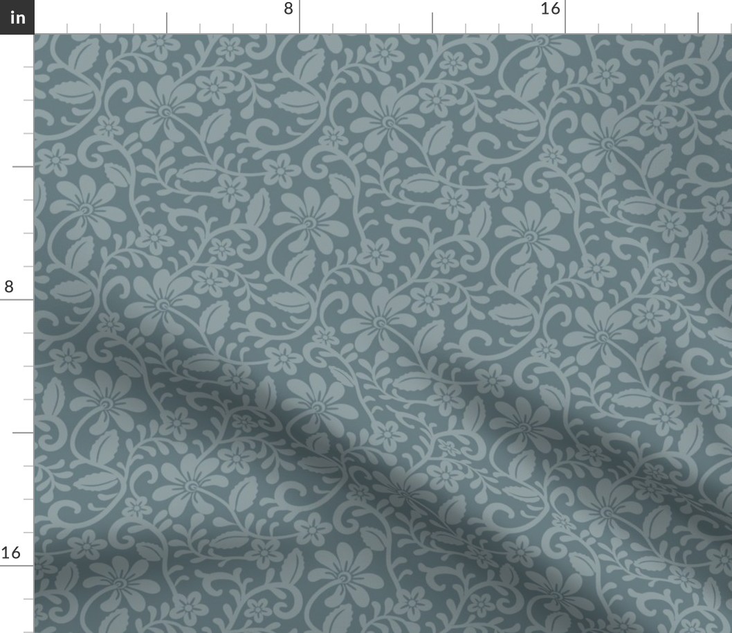 Smaller Scale Slate Blue Grey Fancy Floral Scroll