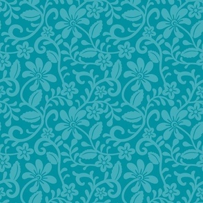 Smaller Scale Lagoon Blue Fancy Floral Scroll