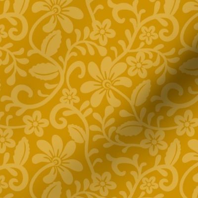 Smaller Scale Mustard Golden Yellow Fancy Floral Scroll