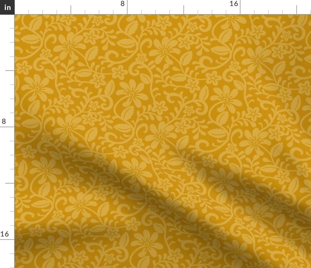 Smaller Scale Mustard Golden Yellow Fancy Floral Scroll