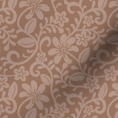 Smaller Scale Mocha Coffee Brown Fancy Floral Scroll