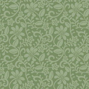 Smaller Scale Sage Green Fancy Floral Scroll