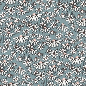 MEDIUM chamomile daisy meadow fabric - daisy bedding, wallpaper, blue