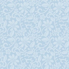 Smaller Scale Fog Blue Fancy Floral Scroll
