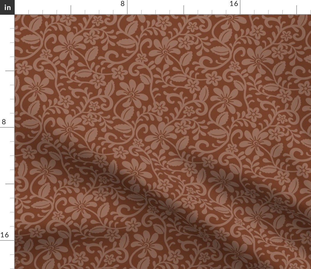 Smaller Scale Cinnamon Brown Fancy Floral Scroll