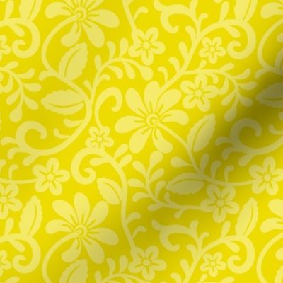 Smaller Scale Lemon Lime Yellow Fancy Floral Scroll