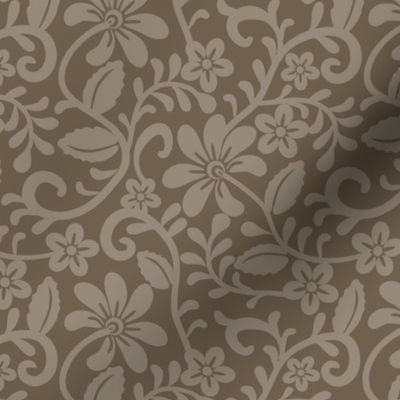 Smaller Scale Bark Brown Fancy Floral Scroll