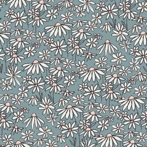 SMALL chamomile daisy meadow fabric - daisy bedding, wallpaper, blue