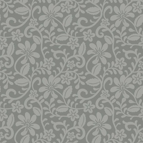 Smaller Scale Pewter Silver Grey Fancy Floral Scroll