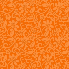 Smaller Scale Carrot Orange Fancy Floral Scroll