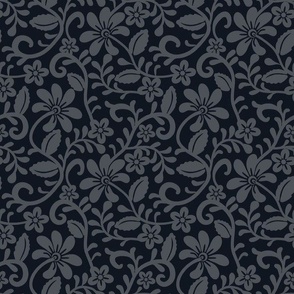 Smaller Scale Graphite Black Fancy Floral Scroll