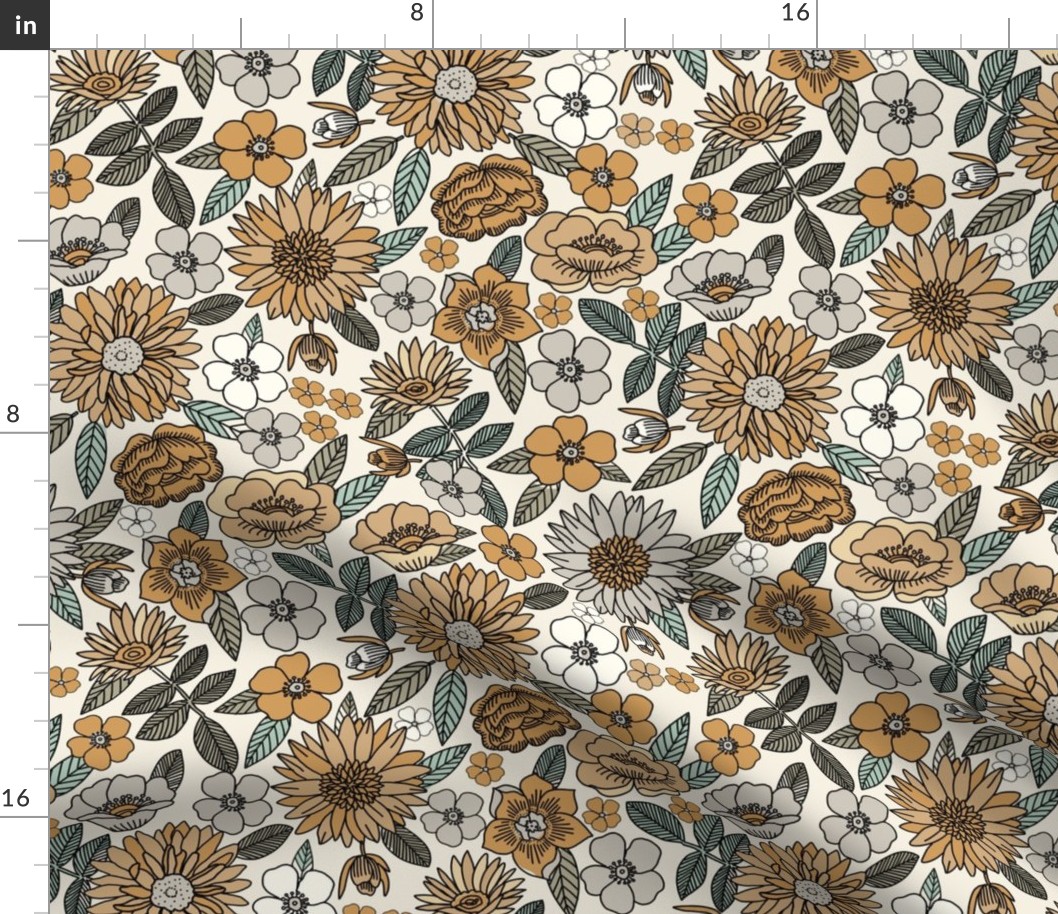 MEDIUM retro floral fabric - 70s floral wallpaper