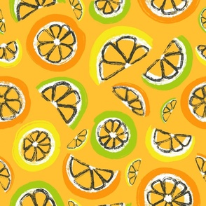 Orange, Lemon, And Lime Slices On A Warm Orange Background