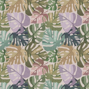 (MEDIUM) Painted Tropical Leaves in Muted Jewel Tones on light grey-beige