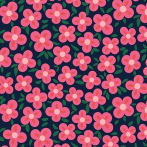 Large // Ditsy Pink flowers on navy