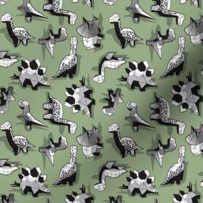 Tiny scale // Geometric Dinos // non directional design sage green background black and white dinosaurs