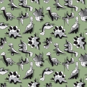 Tiny scale // Geometric Dinos // non directional design sage green background black and white dinosaurs