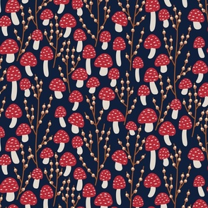 Large // Red and white Mushrooms on navy