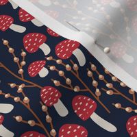 small // Red and white Mushrooms on navy