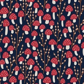 small // Red and white Mushrooms on navy