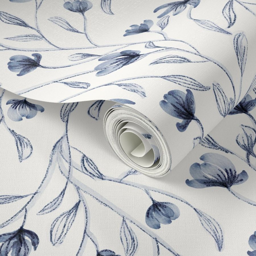 Delicate Blue Watercolor Floral Wallpaper | Spoonflower