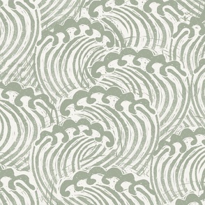 JUMBO sage green linocut waves wallpaper, water ocean, artist woodcut fabric, wallpaper