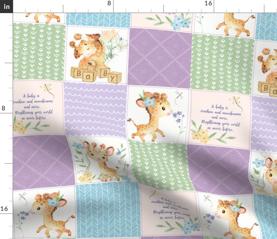 4 1/2" GiGi the Giraffe Patchwork Quilt – Girls Baby Blanket Nursery Bedding (lavender green blue) Quilt A