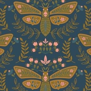 Enchanted - Death's Head Skull Moth Damask + Floral - Navy Blue + Gold - SMALL
