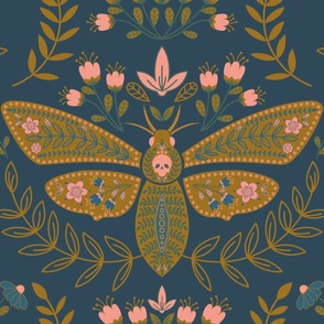 Enchanted - Death's Head Skull Moth Damask + Floral - Navy Blue + Gold - JUMBO