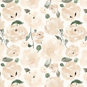 Mini - Cream Florals w Leaves - White - 4.00in x 4.00in fabric // 12x12 wallpaper