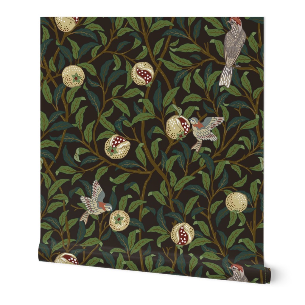 BIRD AND POMEGRANATE IN MODERN VINTAGE COFFEE BROWN - WILLIAM MORRIS