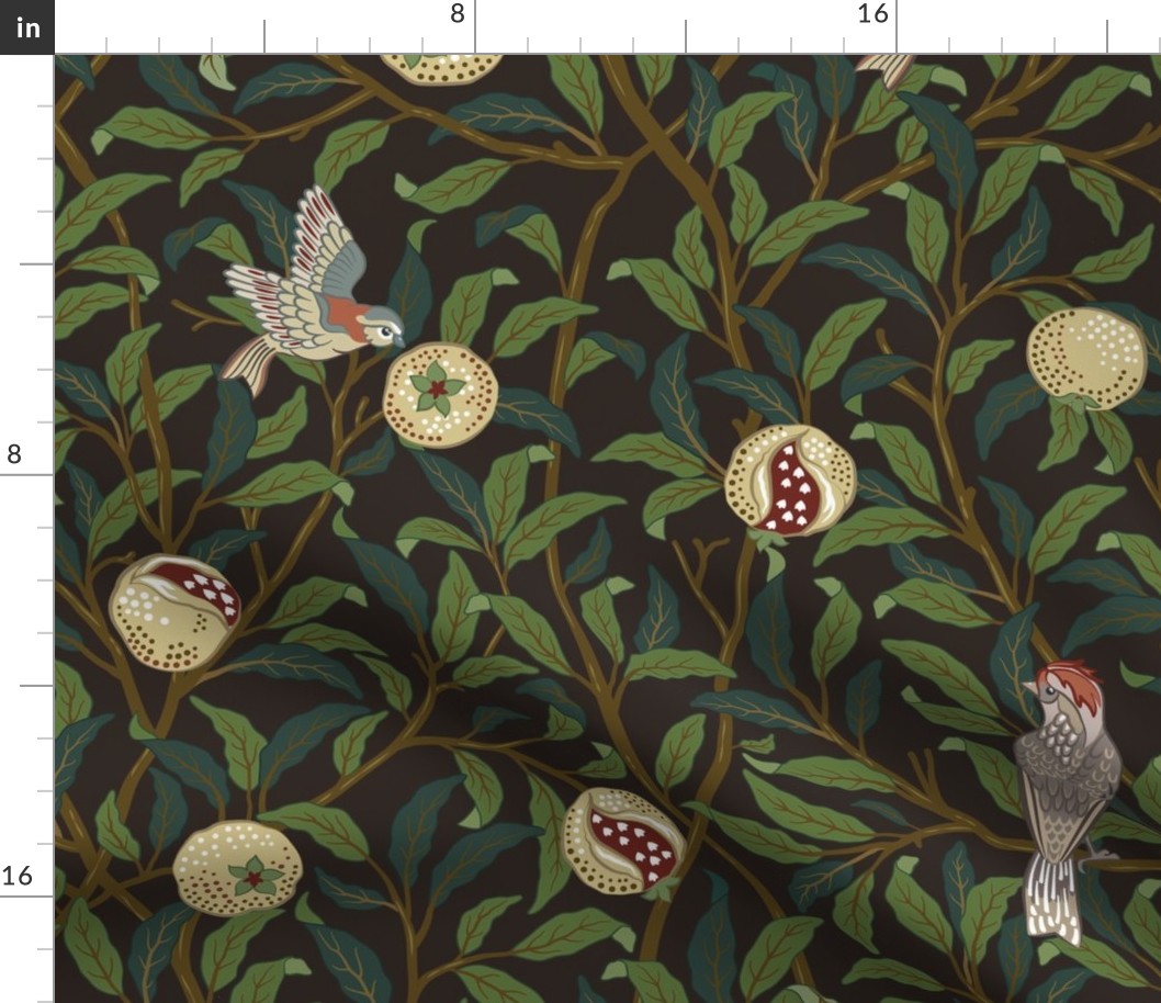 BIRD AND POMEGRANATE IN MODERN VINTAGE COFFEE BROWN - WILLIAM MORRIS