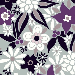Black Purple And Cream Flowers On Gray (X-Large)