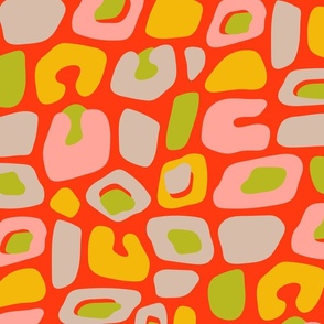 Wild Thing Abstract Leopard Spots Animal Skin in Retro 70s Blush Pink Green Yellow Cream on Coral Orange - LARGE Scale - UnBlink Studio by Jackie Tahara