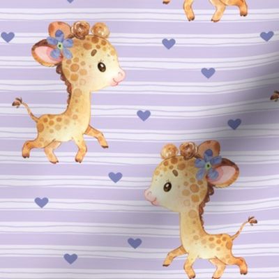 Baby Giraffe + Hearts – Girls Nursery Fabric, Lavender Stripe