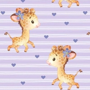 Baby Giraffe + Hearts – Girls Nursery Fabric, Lavender Stripe